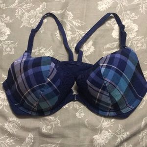 34C Navy Plaid and Lace front close bra
